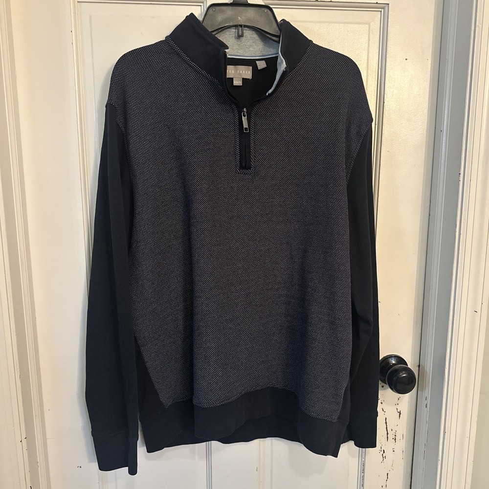 Ted Baker Men's Sweater XLarge Black 1/4 Zip Knit Pullover Geometric Body Print